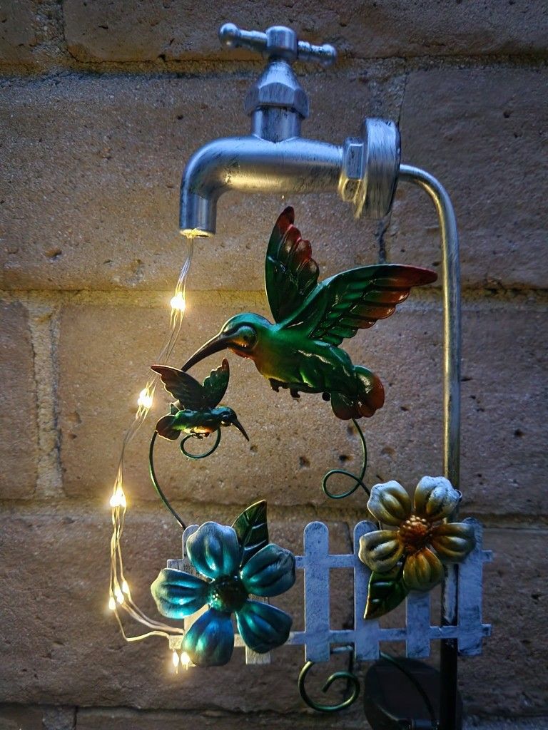 Metal Hummingbird With Faucet Flashing Solar Stake Yard Art Home Decor, 36" H