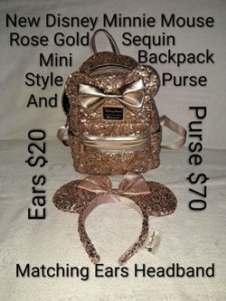 New Loungefly Disney Minnie Mouse Rose Gold Sequin Mini Backpack Style Purse & Matching Ears Headband Set