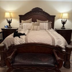 6 Piece Solid Wood Bedroom Set With marble Tops And Two Large Lamps