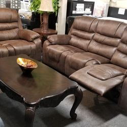 Brand New Brown Leather Manual Reclining Sofa + Loveseat 2PCs Set