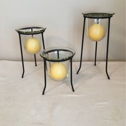 3 Black Brass Stand With 3 Glass Globes & Ball Candles