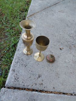 Vintage brass hand bell, cup globe and floral cup made india