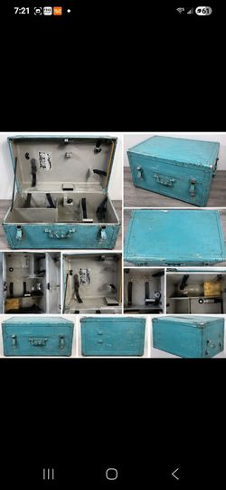 1950s Vintage Military-Style Metal Transit Case Footlocker Riveted Teal Industrial Trunk