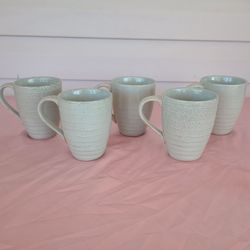 222 Fifth Studio Set of 5 Genuine Stoneware Coffee Mugs Sage Green Brown Striped