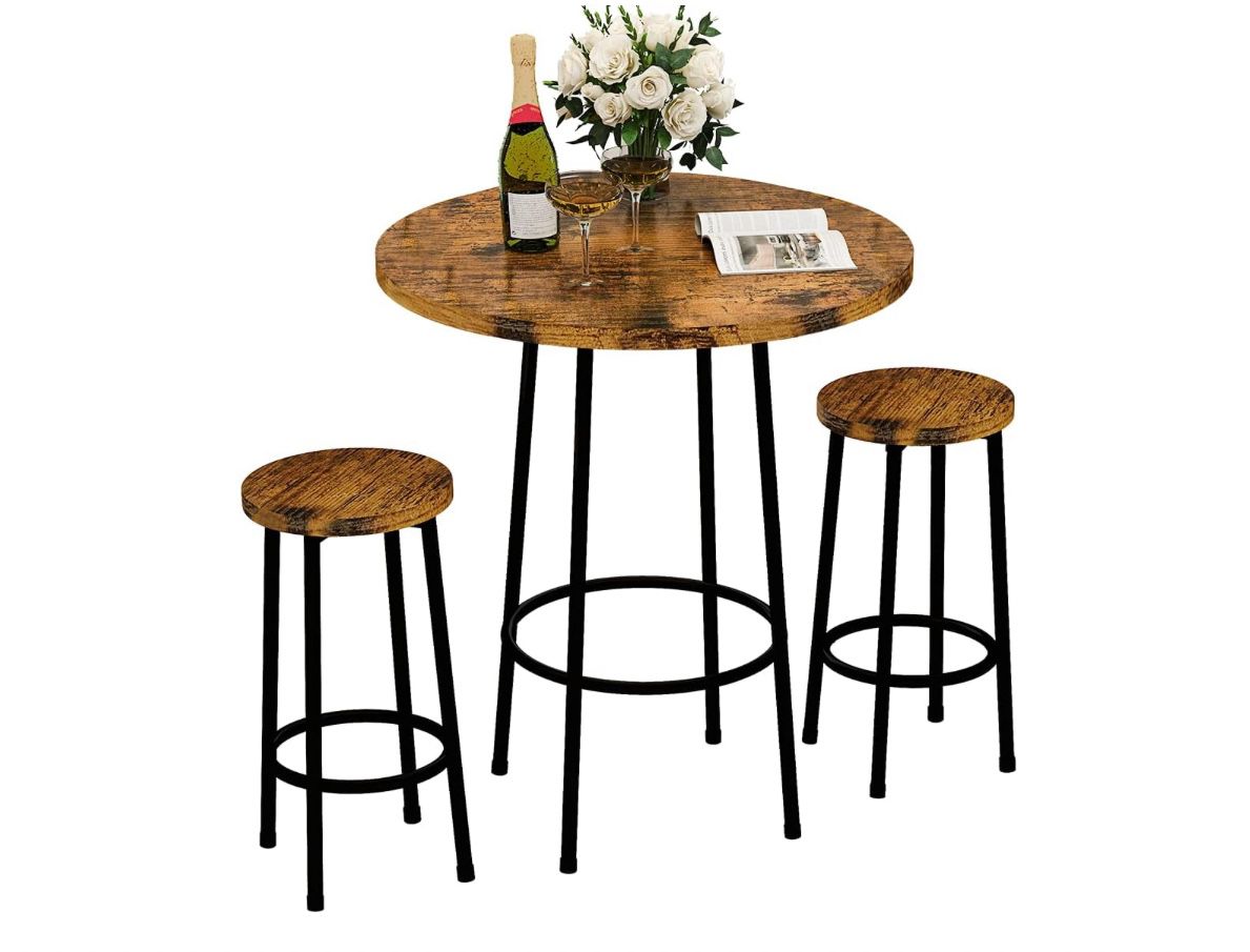 3 Piece Pub Dining Set, Modern Round bar Table and Stools for 2 Kitchen Counter Height Wood Top 