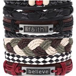 2 x Set Adjust. Size up to 9.5inc Leather Bracelet, (Faith-Believe_1)