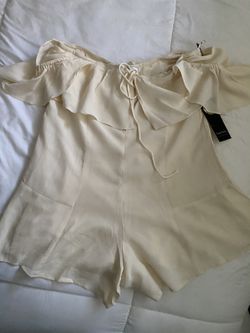 Privacy Please Off Shoulder Cream Ruffle Romper
