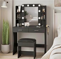 Vanity Desk with Lights,Makeup Vanity with Power Strip,Black,Dressing Table Set with 2 Large Drawers