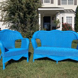 Blue wicker loveseat and chair