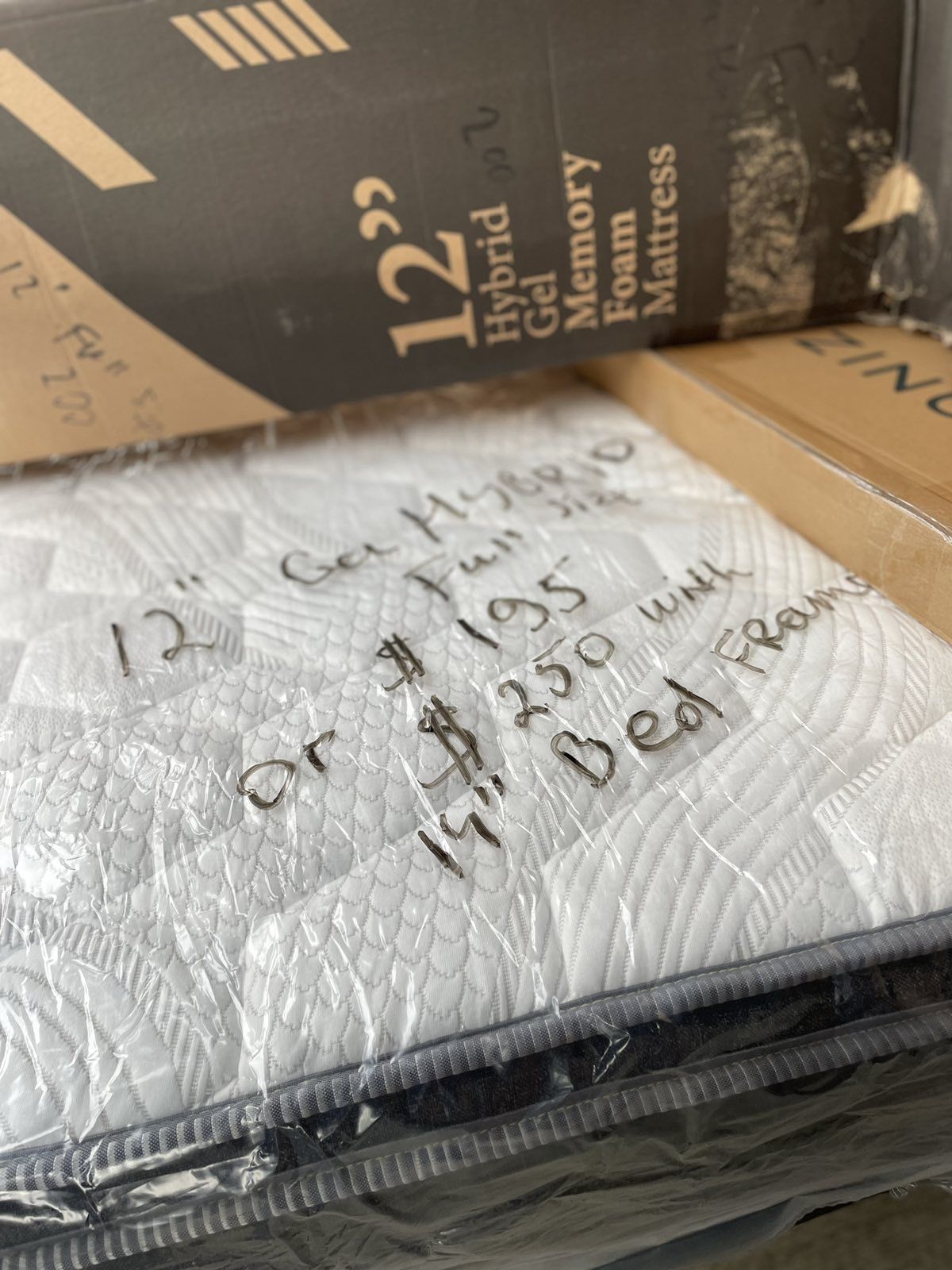 New Full Size 12 Inch Gel Hybrid Mattress $195 Or $250 With Bed Frame