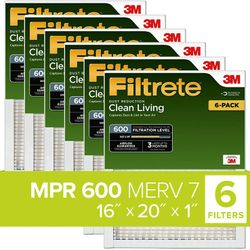 (x6) Filtrete 16x20x1, AC Furnace Air Filter, MPR 600, Clean Living Dust Reduction