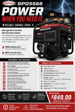 5500 running watt/ 6875 starting watt generator “new in box”/ 2 year warranty