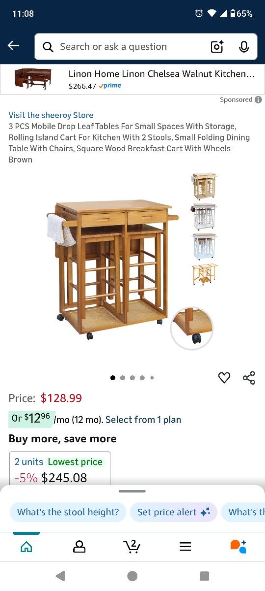 3 PCS Mobile Drop Leaf Tables For Small Spaces With Storage, Rolling Island Cart For Kitchen With 2 Stools, Small Folding Dining Table With Chairs, Sq