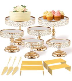 Lallisa 13 Piece Gold Cake Stand Set, Vintage Cake Dessert Display with Crystal Rim & Cupcake Trays for Wedding, Birthday Anniversary Parties, Dessert