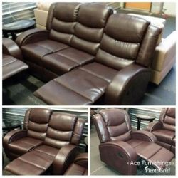 Brand New Brown Leather 3pc Reclining Set