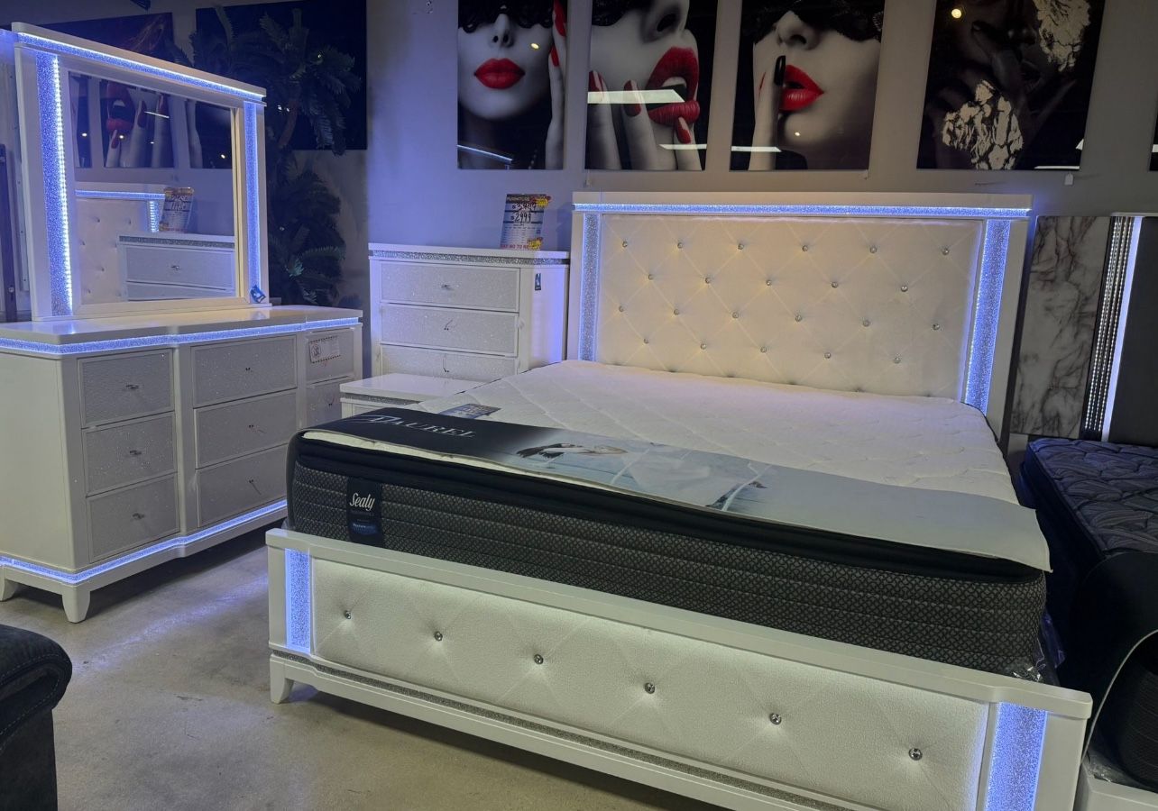 Beautiful White 5 Pc Bedroom Set With Built In LED Light Only $1999 With A FREE MATTRESS