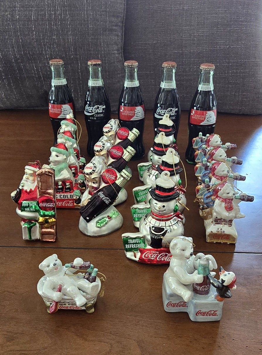 Large Lot Of Vintage Coca-Cola Christmas Bottles From 1991 & Ornaments From 2003