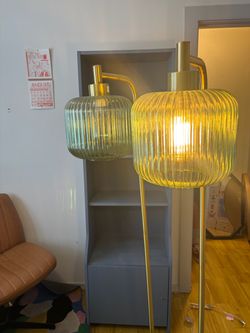 Pair of Gold Floor Lamps with Green Ribbed Glass Shades