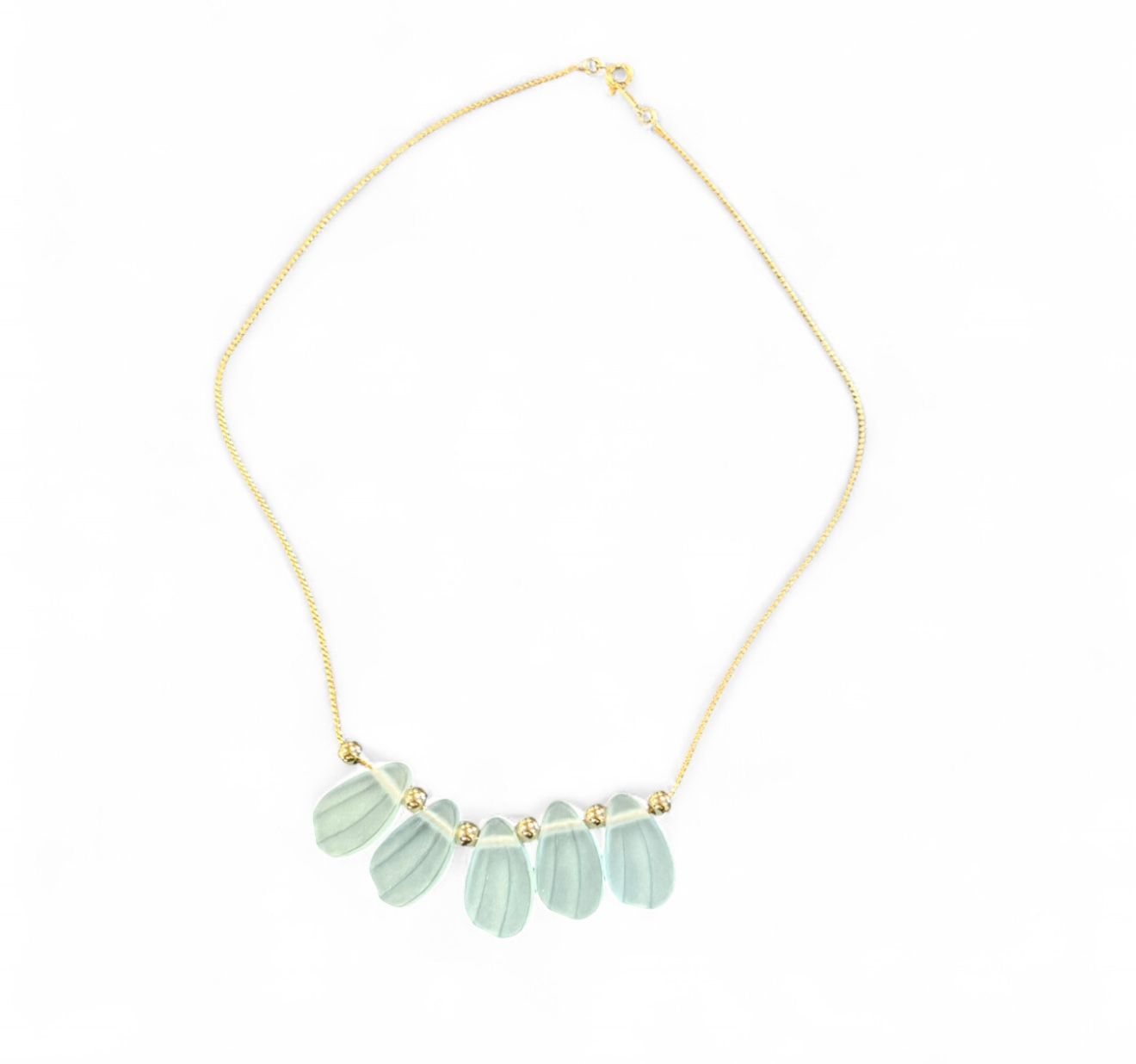 AVON crystal satin blue frosted petals gold tone necklace EUC 17"