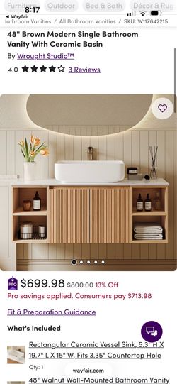 Floating 48” bathroom vanity and white ceramic sink