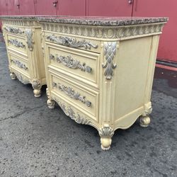 Two (2) tall large French style wood granite top two drawer with slide out tray night stands bed side end tables