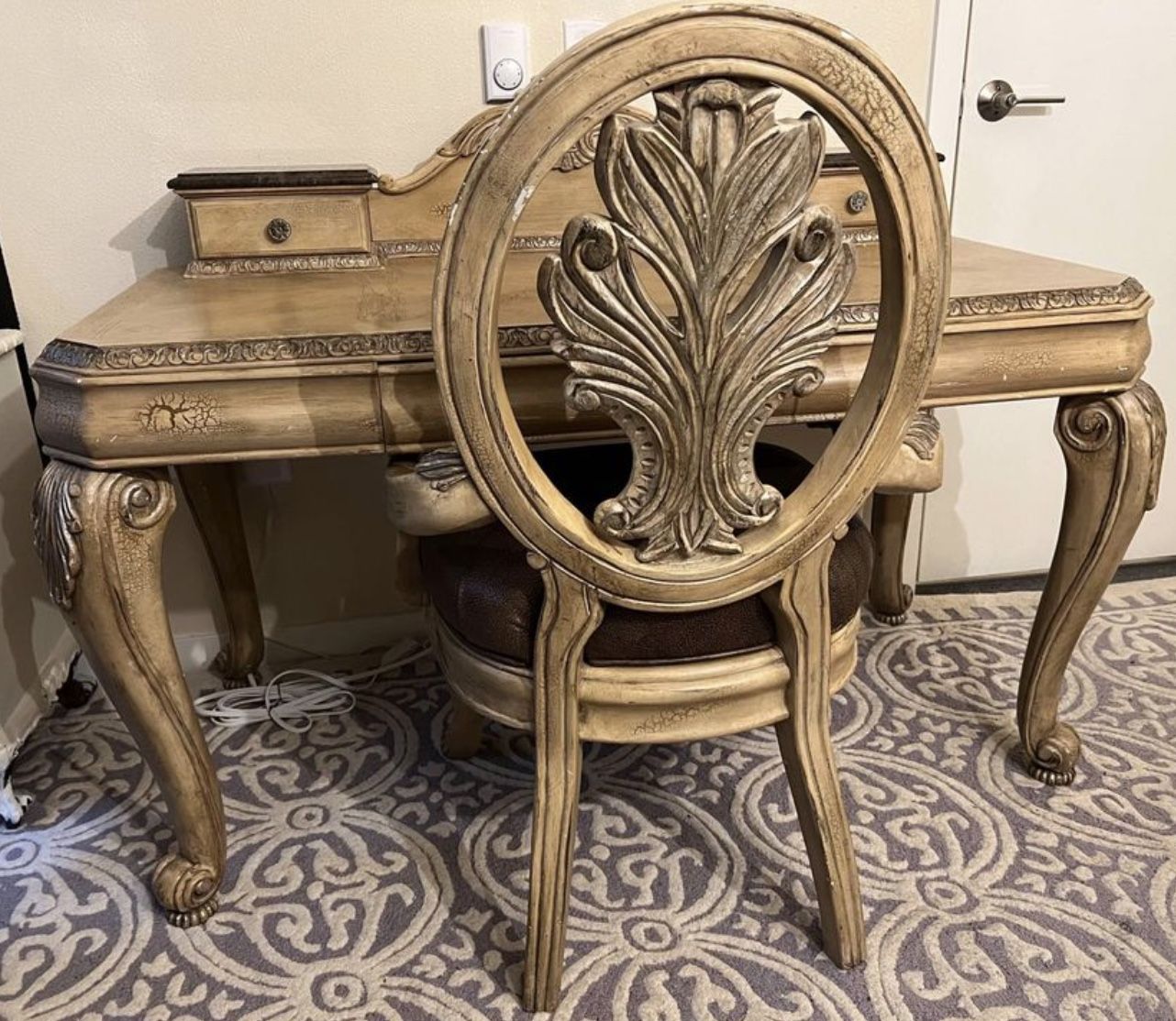 Schnadig Wood Desk Vintage French Carved Blond Wood With Marble Tops