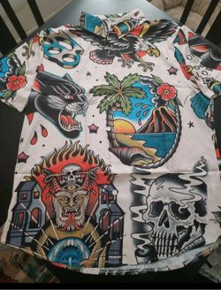 Mens Retro Hawaiian Button Up Shirt Tattoo Art Tiki Rockabilly Size Large