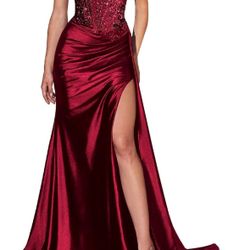 GUKARLEED Women's Off The Shoulder Prom Dresses with Slit Sequin Lace Appliques Ruched Satin Formal Dress for Wedding Guest