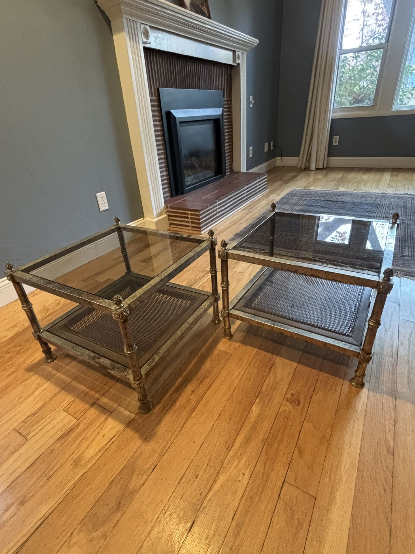Midcentury Maison Jansen French Neoclassical Gilt Metal, Wicker and Smoked Glass End Tables