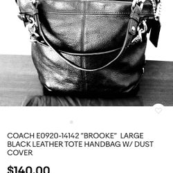 COACH E0(contact info removed)2 "BROOKE"  LARGE BLACK LEATHER TOTE HANDBAG W/ DUST COVER