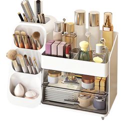 DASITON Makeup Organizer with Brush Holder for Vanity, Bathroom Countertop Organizer with 2 Drawers, Large skincare storage organizers 