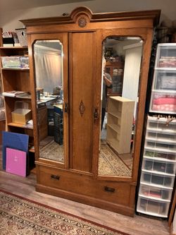 Antique Mirrored Oak Wardrobe