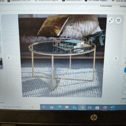 Coffee Table w/X-Base 36" Gold, Modern Round Faux Glass Top, Walker Edison Cora