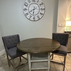 Counter Height Dining Table (drop-leaf option) w/ 2 Gray Fabric Chairs