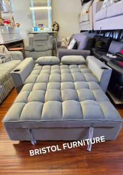 🪙 Grey Velvet Folding Sofa Pull-Out Bed with USB & Cup Holders, New in the Box.
