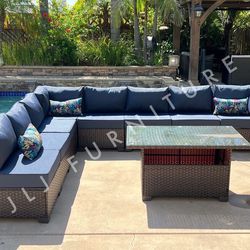 NEW🔥Outdoor Patio Furniture Brown Wicker Navy 5" cushions 9 Pc Set with Cover!