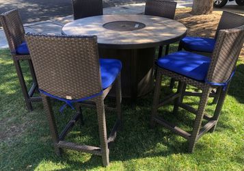 Outdoor Wicker Bar Height Fire Pit Table Set