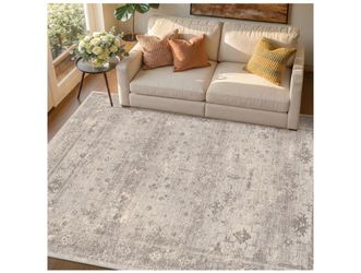 TALANOVA Greige 5x7 Washable Area Rug for Small Living Room, Neutral Vintage Distressed Geometric Rug