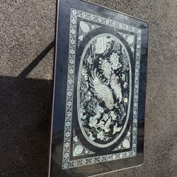 Vintage Asian Black Lacquer Folding Coffee Table Mother of Pearl Phoenix Inlay Tea Table