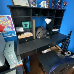 Black Computer Desk with Hutch, Chair and Mat