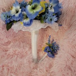 Artificial Floral Bouquet For Brides And Groom Boutonnière 