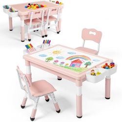 NEW Kinder King Kids Table & 2 Chairs Set, Adjustable Heights, Storage, Pink