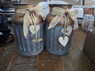 Rustic Galvanized Metal Vases with Burlap Bows (Set of 2)