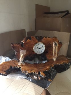 Desk clock with pen and paper clip for mail rare wood I'm not sure made it years ago