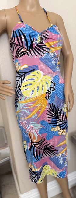 Padded Tropical Print Midi Summer Beach Sun Dress Medium 6/8