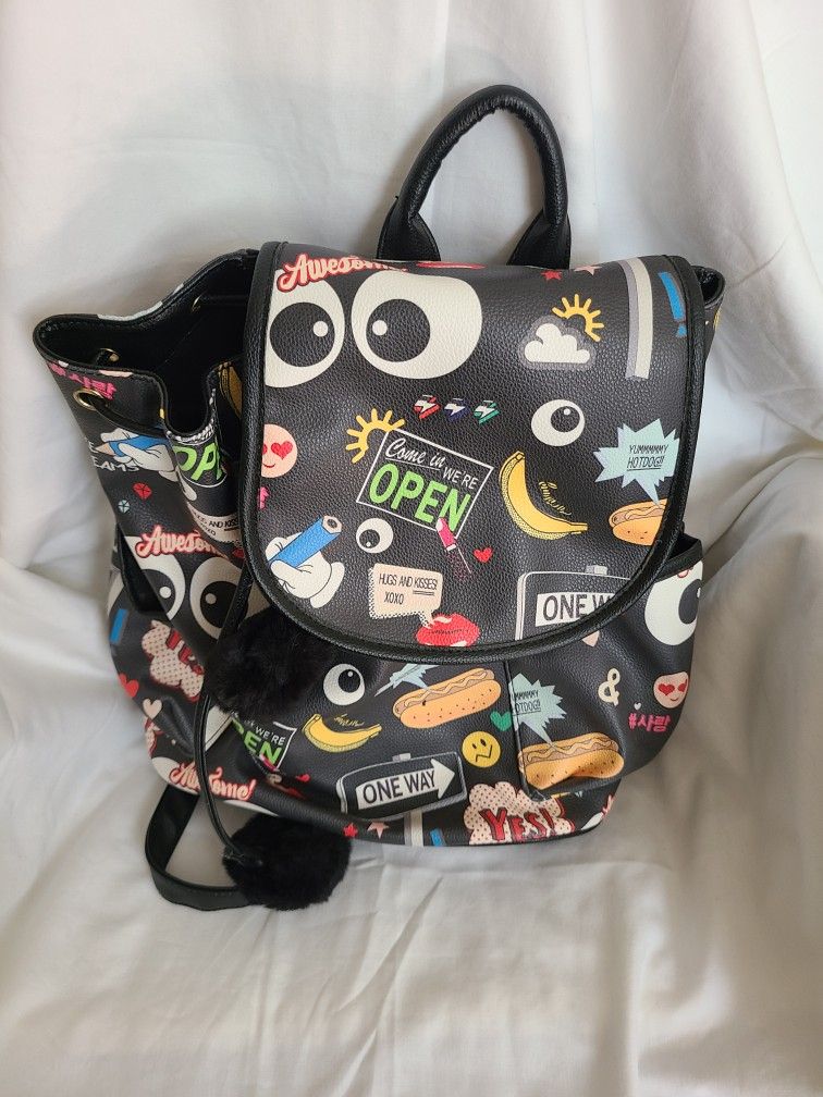 Dream Control BLACK Backpack Purse (12x14x5) Street Signs Graffiti Emoji Cartoon