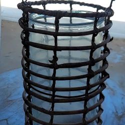 Tall Glass And Woven Basket Outdoor Candle Holder 
