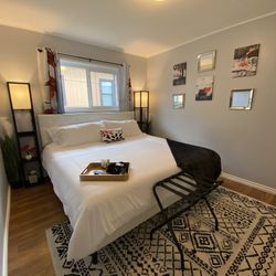 King Sized White Faux Leather Platform Bed Frame, Headboard - Non Smoking House