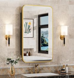 NIB 16x24 Inch Mirror Medicine Cabinet for Bathroom Gold Metal Frame Bathroom Medicine Cabinet with Mirror Recessed or Wall Mounted