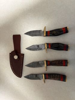Set of 4 Damascus Steel Fixed blades with rams horn